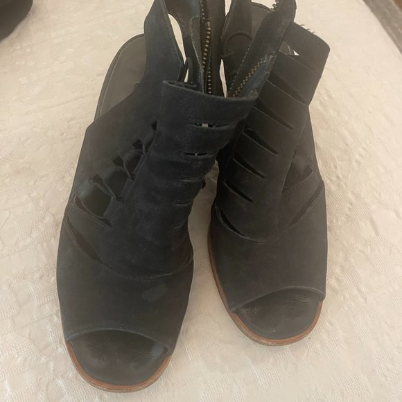 Paul Green Women's 7.5 Black Leather Cage Block Heel Peep Toe Booties - Picture 1 of 4